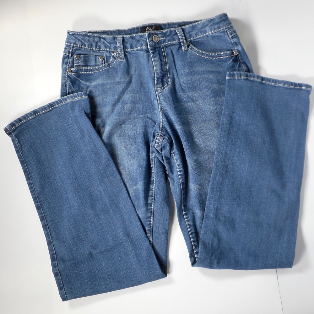 Earl Jeans 12 Denim Blue Straight Leg Bling Flap Pocket 32 x30.5 Fleur De Lis - Picture 8 of 10